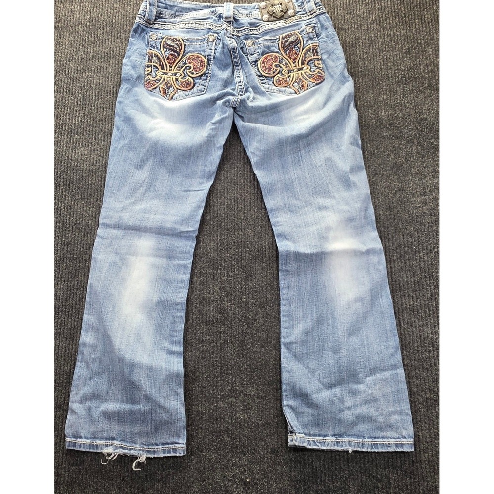 Miss Me Bootcut Jeans Womens 31 Blue Good Fleur De Lis Embroidered Studded Y2K - Picture 2 of 16